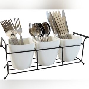 Bekith 3-Piece Ceramic Flatware Caddy with Metal Rack, Utensil Holder Silverware